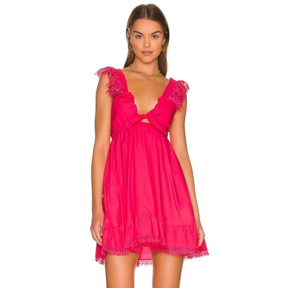 Peixoto Farrah Lace Trim Mini Dress Hot Pink Revolve 100% Cotton Size L - Picture 1 of 8